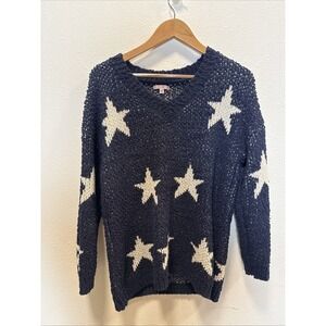 P.S. Love Star Knit Sweater Blue White Stars Woman's Xl 2x V Neck